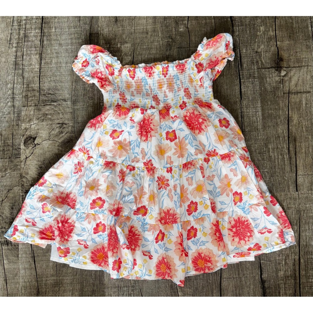 Joie Girls Floral Smocked Tiered Dress Pink Orange Blue Cotton Size 4T
